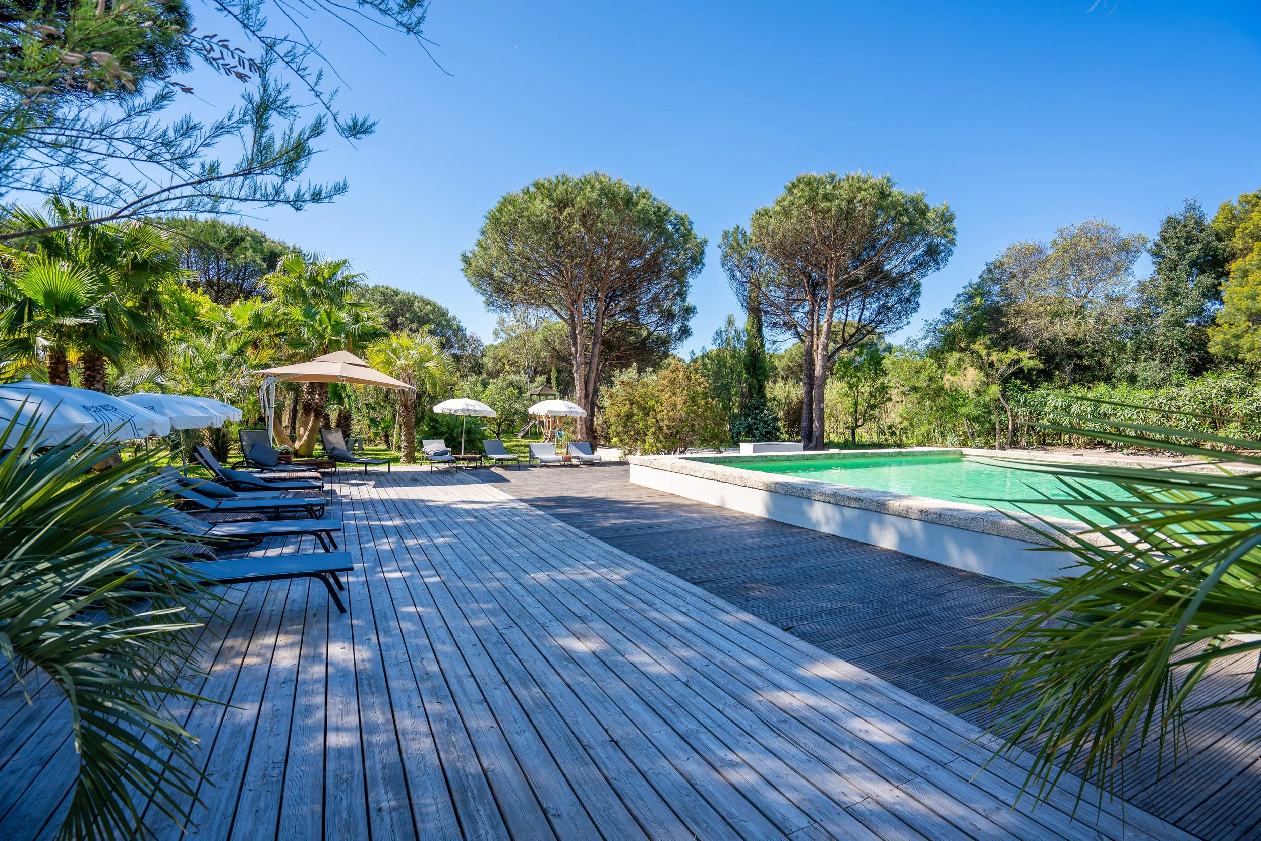 Piscine extérieure entourée d'un sol en bois, avec des chaises longues, parasols, et un environnement verdoyant avec des arbres et des plantes.