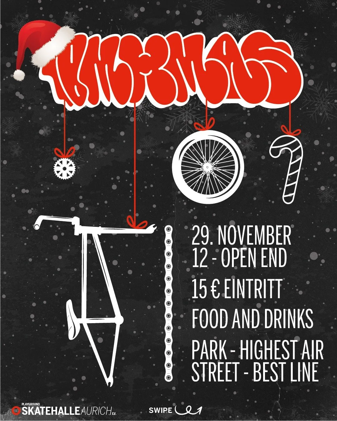 Weihnachten kommt fr&uuml;h 🌲 
BMXMAS am 29.11.2025 in Aurich! Don't miss it! 

F&uuml;r euch gibt es kalte &amp; warme Drinks, frisch gezapftes Bier🍻, Nudeln mit Bolognese (auch Vegetarisch) und nat&uuml;rlich unsere Pizza🍕

&Uuml;bernachtungsm&o