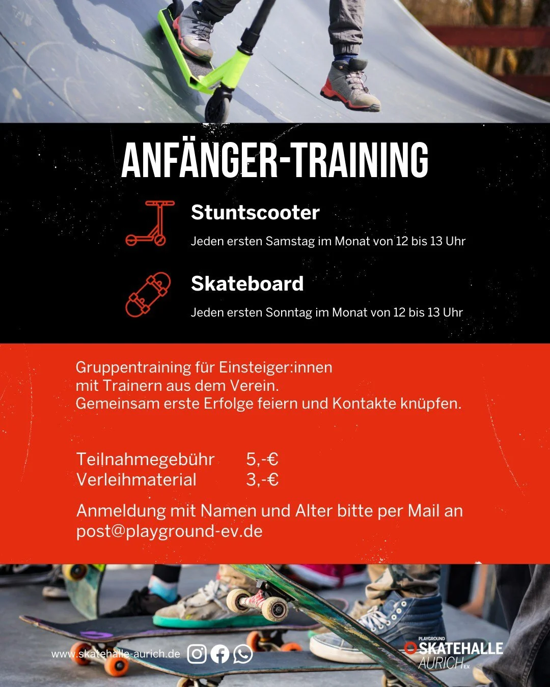 Ab Februar erweitern wir das Trainingsangebot. Zus&auml;tzlich zum Scootertraining jeden ersten Samstag gibt es jetzt an jedem ersten Sonntag ein Skateboardtraining. Aufgrund von Veranstaltungen k&ouml;nnen Termine entfallen, bitte beachtet die Infos