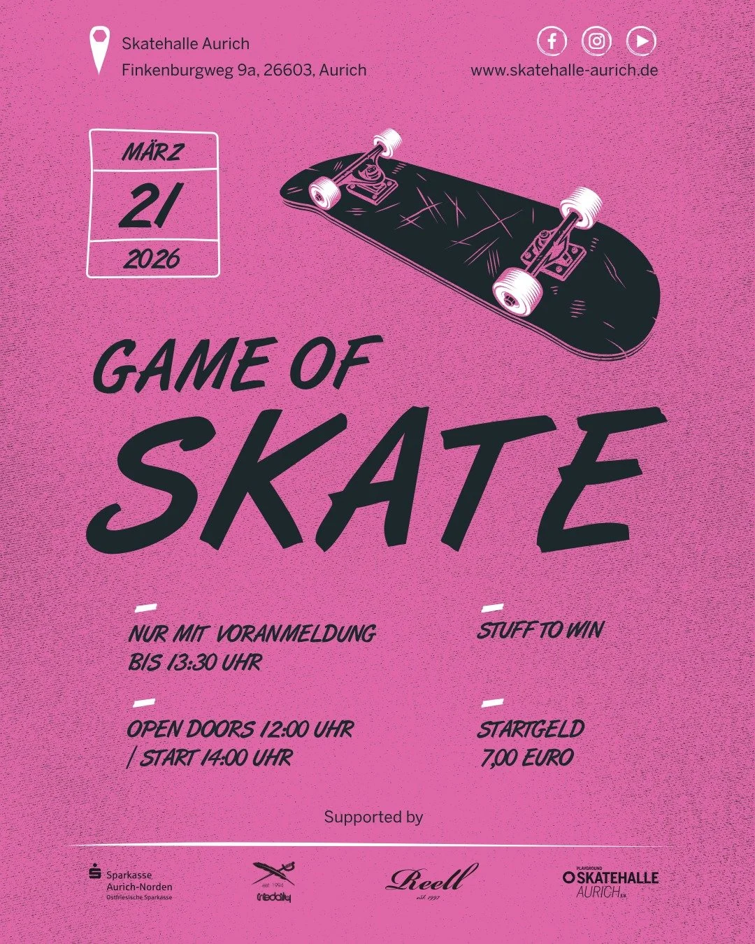 GAME OF SKATE!🔥
Am 21.03. k&ouml;nnt ihr wieder gegeneinander antreten. Es geht um fette Sachpreise von unseren Partnern und Sponsoren:
@sparkasseaurichnorden 
@reelljeans 
@reell_teamriders 
@iriedailyberlin 

Anmeldung ist vor Ort von 12:00 - 13:3