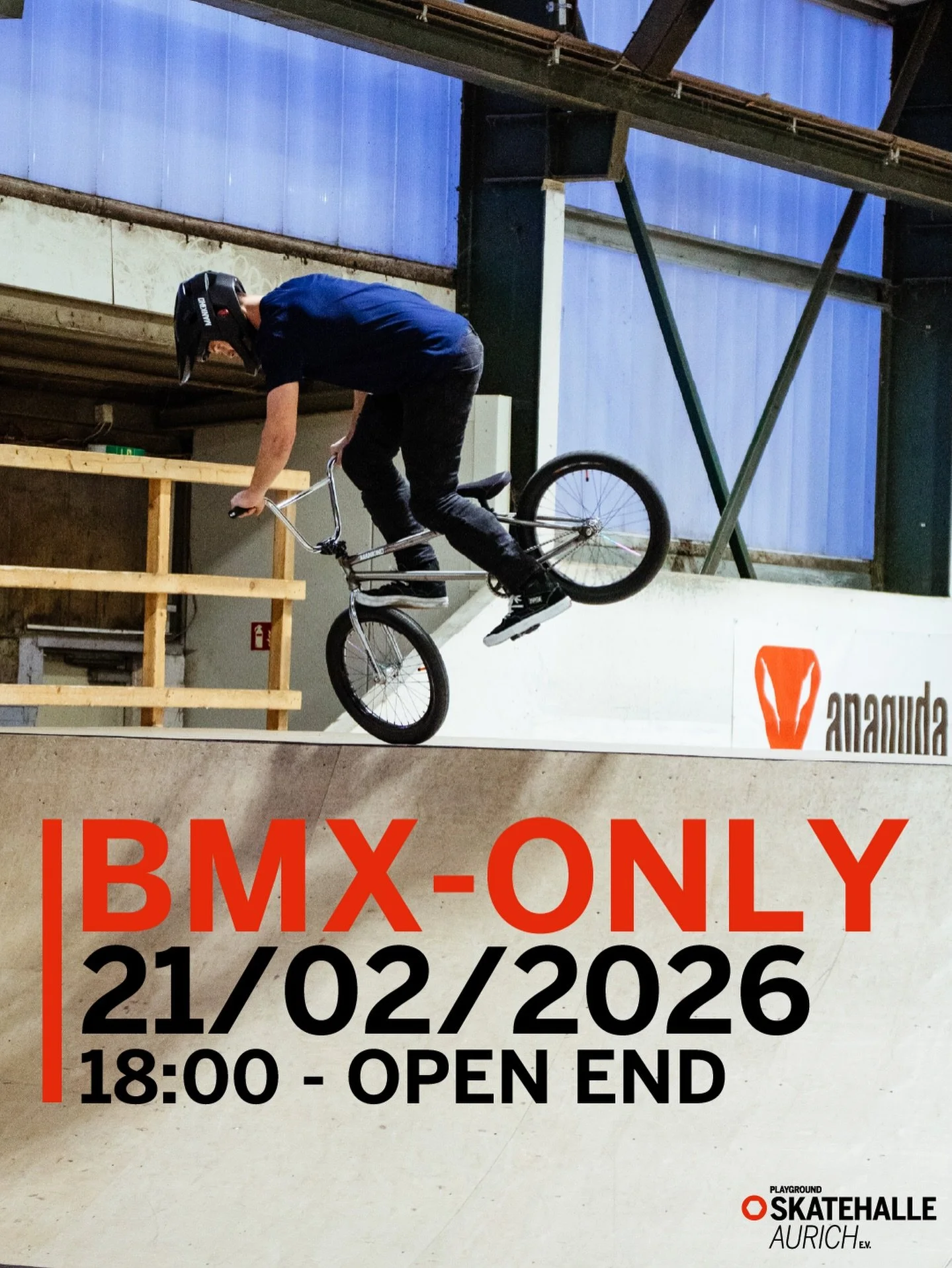 Am 21.02. das Bike einpacken und gemeinsam eine geile Session fahren! Von 18 bis 22 Uhr nur BMX🤩  #bmxdeutschland #bmxsession #skatehalleaurich