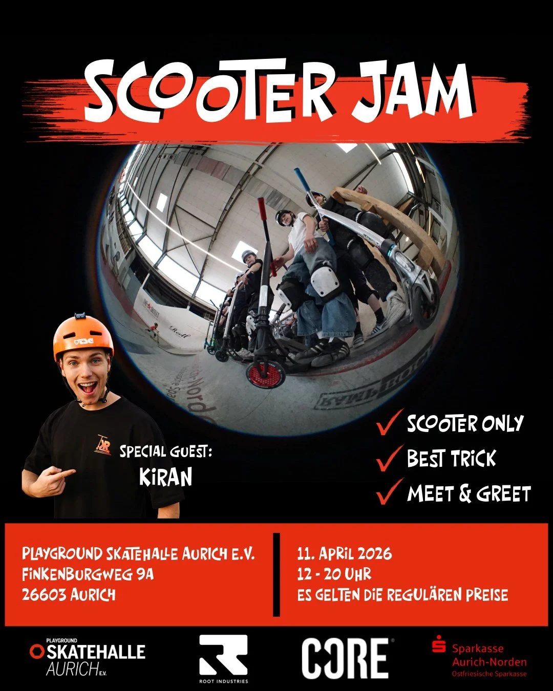 Ein ganzer Tag nur Scooter-Action! Gemeinsam fahren und Spa&szlig; haben, beim Best Trick tolle Preise von unseren Sponsoren (@rootindustries, @coreuk und @sparkasseaurichnorden) gewinnen und ein Meet &amp; Greet mit Kiran. Das solltest du nicht verp