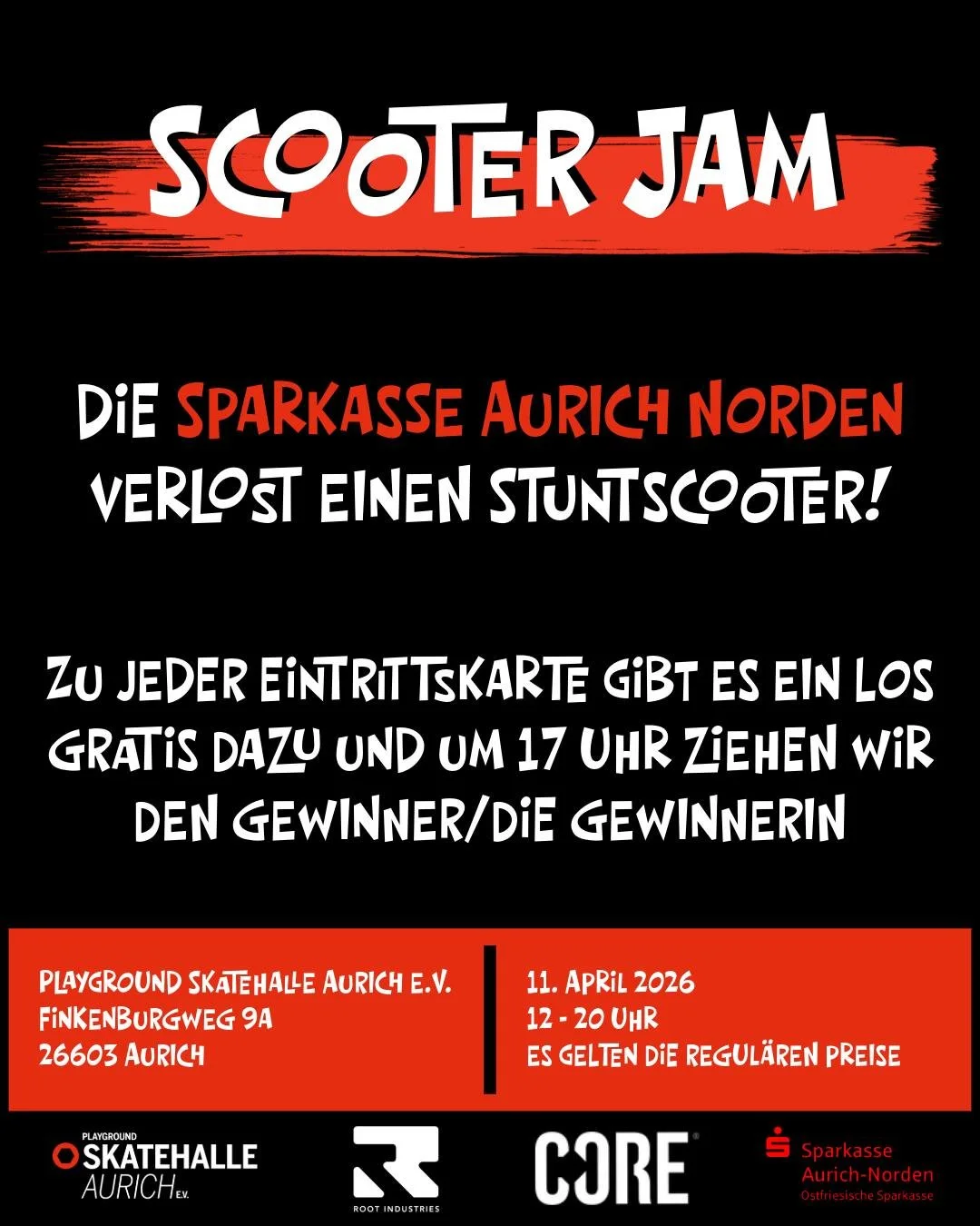 Die @sparkasseaurichnorden  verlost beim Scooter Jam einen Komplettscooter! Zu jeder Eintrittskarte gibt es gratis ein Los dazu. Um 17 Uhr ziehen wir dann einen Gewinner oder eine Gewinnerin. Au&szlig;erdem gibt es einen Best-Trick Contest wo du Prei