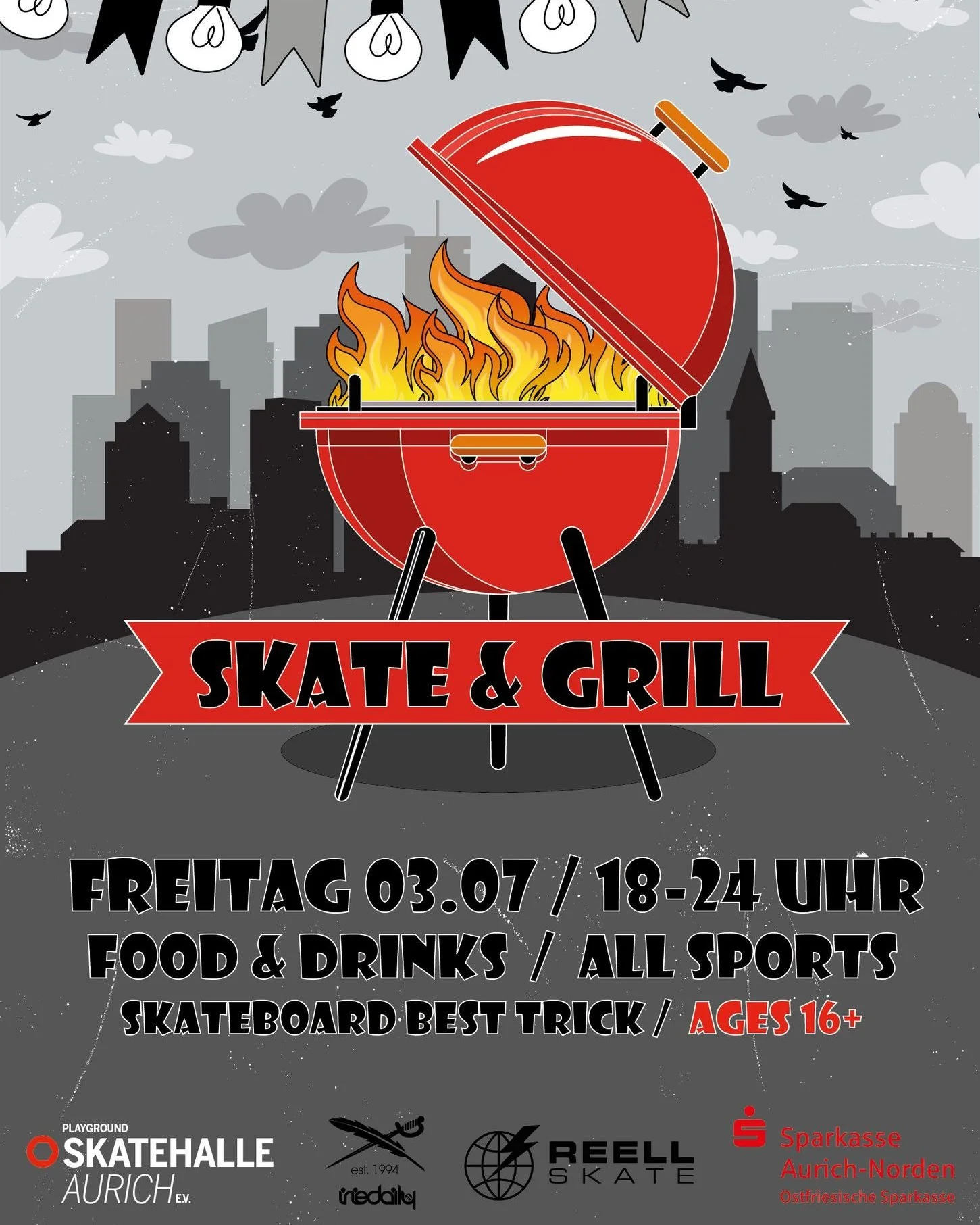 Wir laden euch ein zur Skate-Session und schmei&szlig;en den Grill an. Am 03.07. ab 18 Uhr f&uuml;r alle ab 16 Jahren. Alle Sportarten und nat&uuml;rlich auch Zuschauer sind willkommen. Auf dem Skateboard gibt es noch einen kleinen Best-Trick-Contest