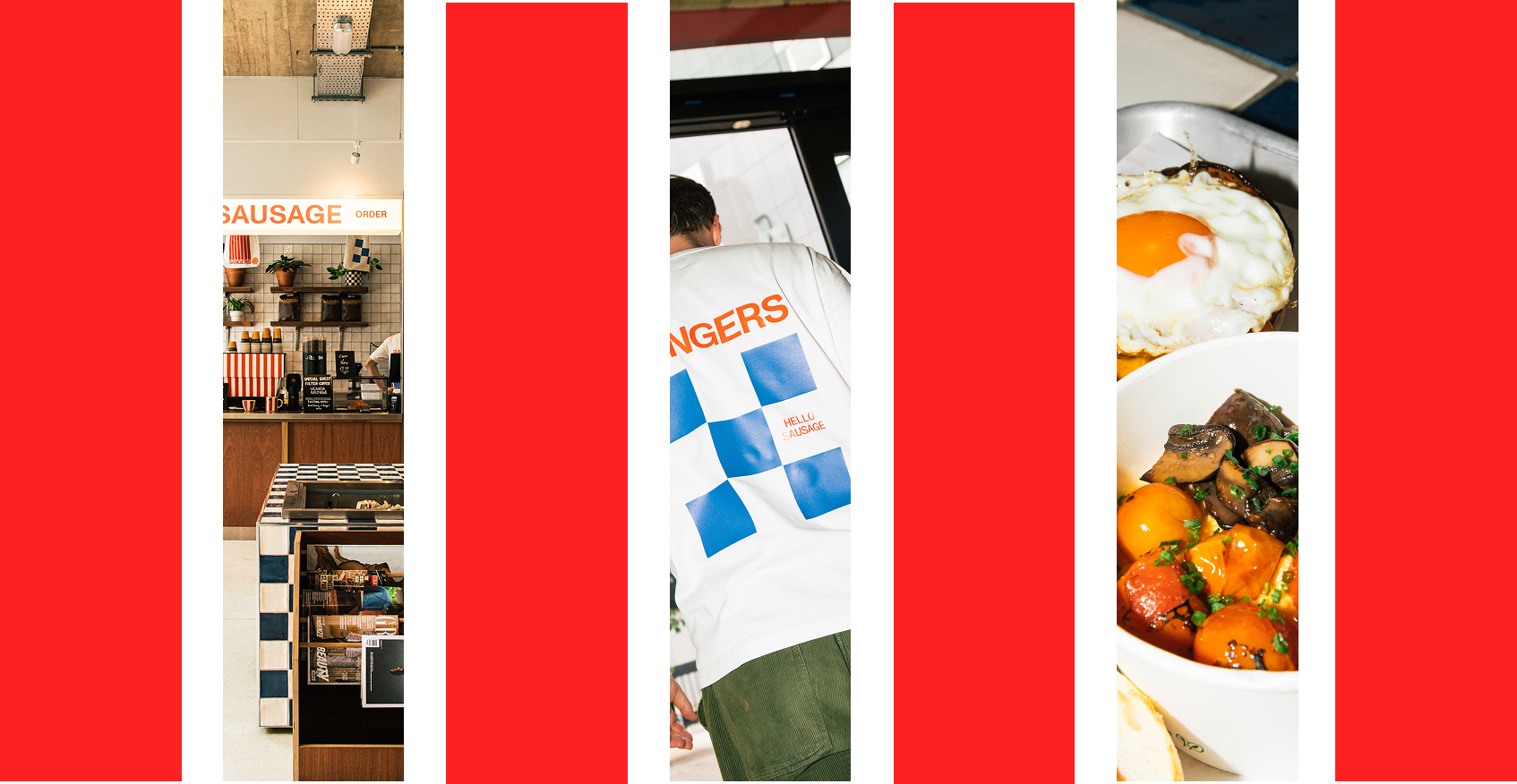 Photo of a modern cafe serving sausage-based dishes, featuring a sign that reads 'SAUSAGE' and a chef wearing a white shirt with orange and blue text, alongside close-up images of breakfast dishes including fried eggs and seasoned vegetables.