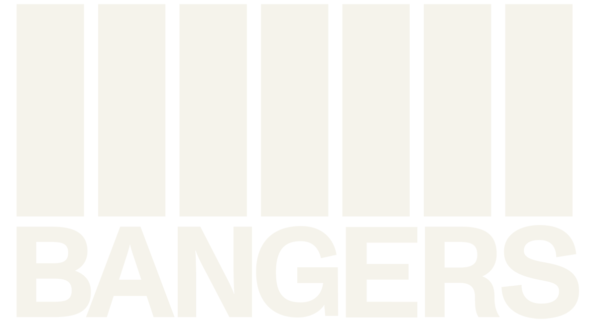 The word "BANGERS" in bold white letters beneath a graphic of six vertical rectangles resembling prison bars on a black background.