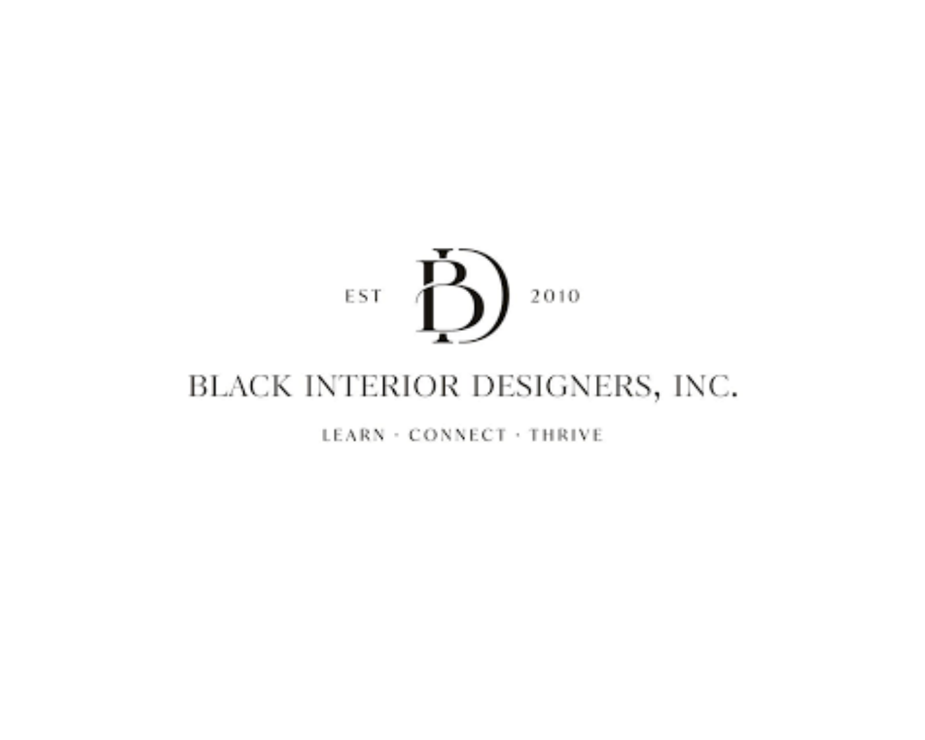 Logo for Black Interior Designers, Inc., established in 2010, with a monogram 'BID' and the words 'Learn, Connect, Thrive'.