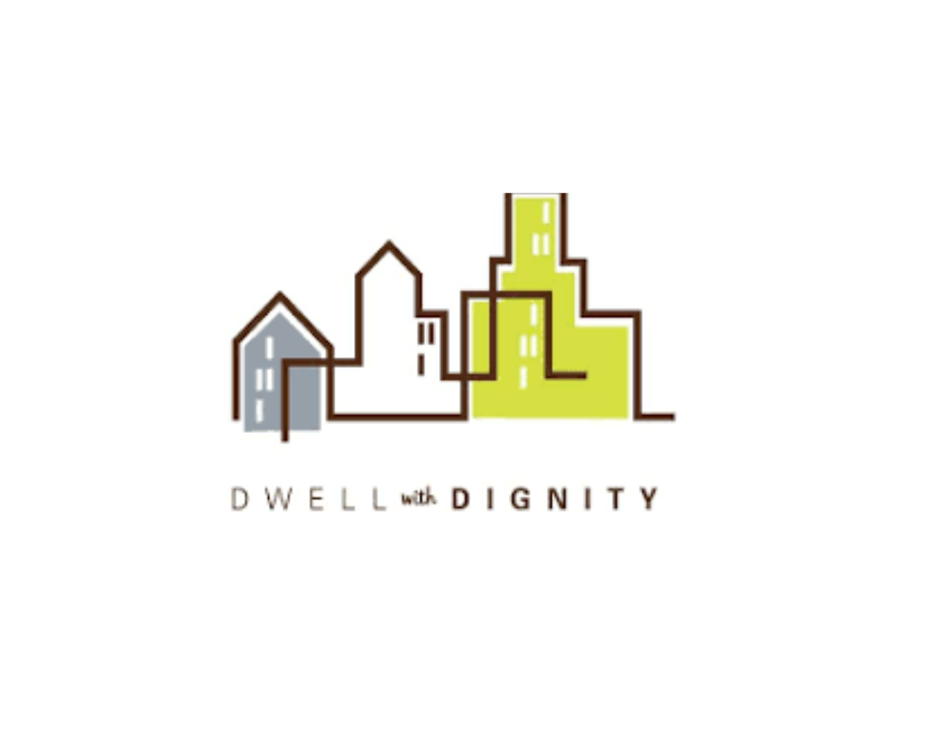 Logo with stylized outline drawings of buildings in gray and green, with the text 'Dwell with Dignity' underneath.