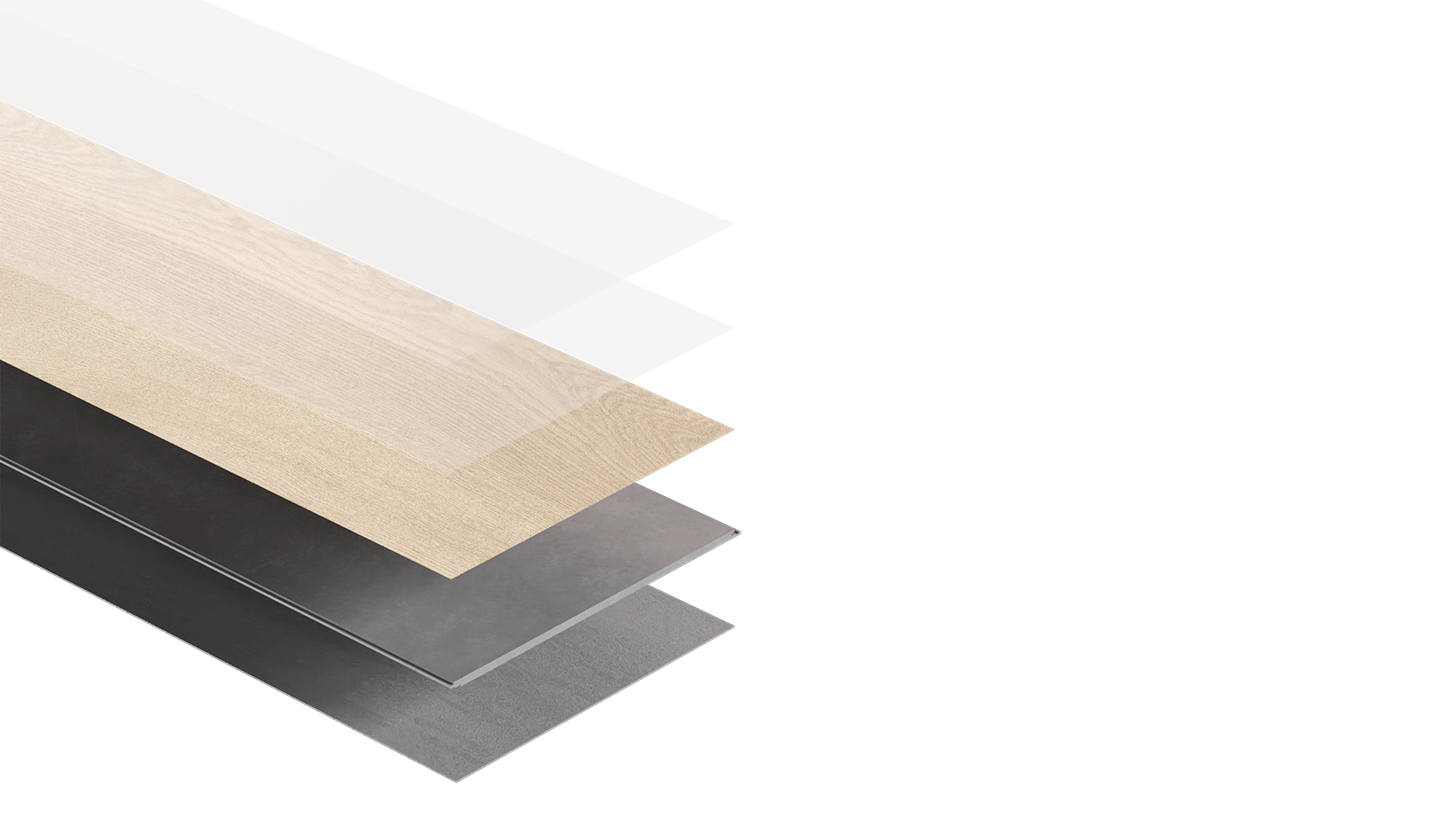 Quatro amostras de diferentes materiais de revestimento em camadas, incluindo madeira, vinil, laminado e porcelanato, dispostas em perspectiva.