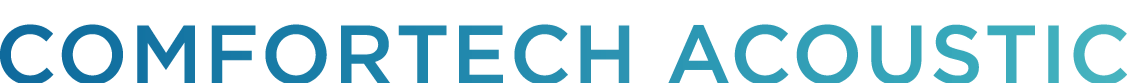 Logo com as palavras "COMFORTECH ACOUSTIC" em letras azuis.