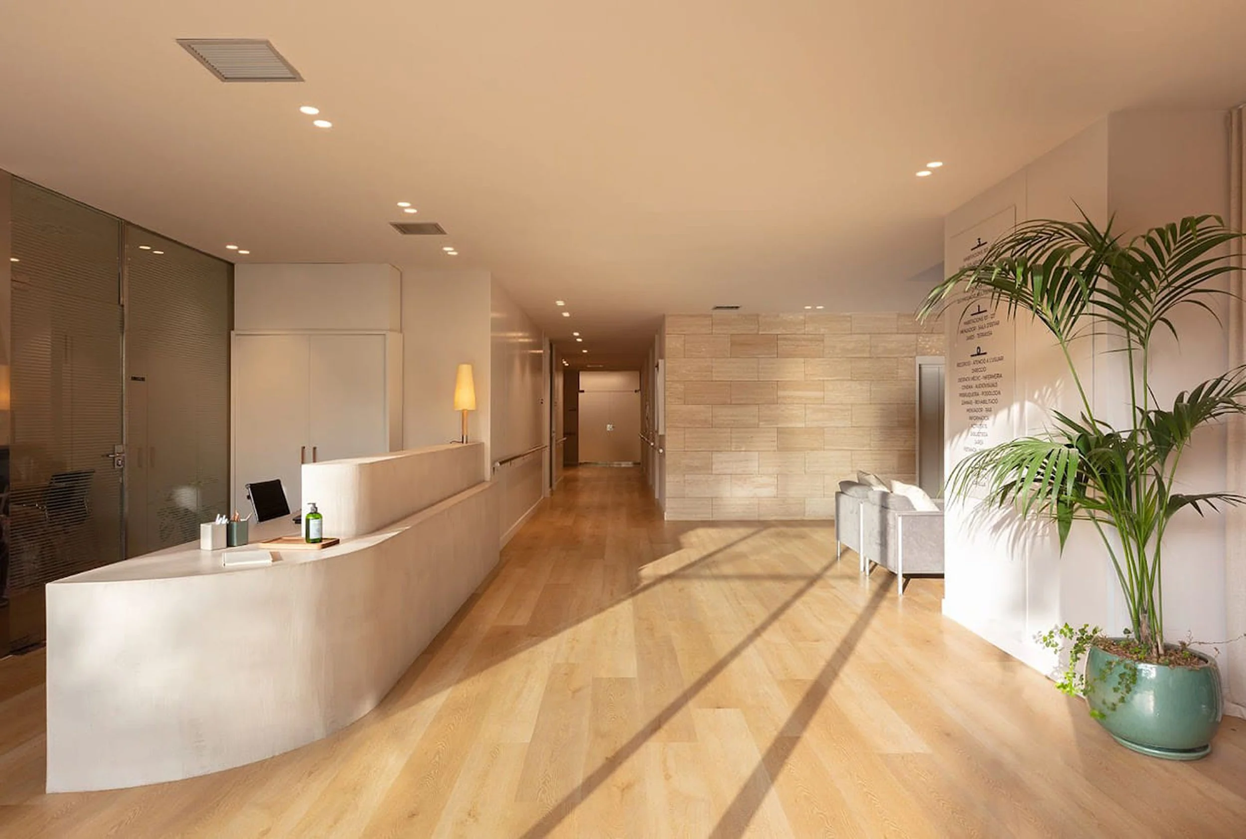 Recepção de um ambiente de escritório ou consultório bem iluminado, com piso de madeira, uma bancada branca, uma planta grande em vaso verde, uma parede de pedras decorativas e cadeiras cinzas ao lado de uma parede com texto.