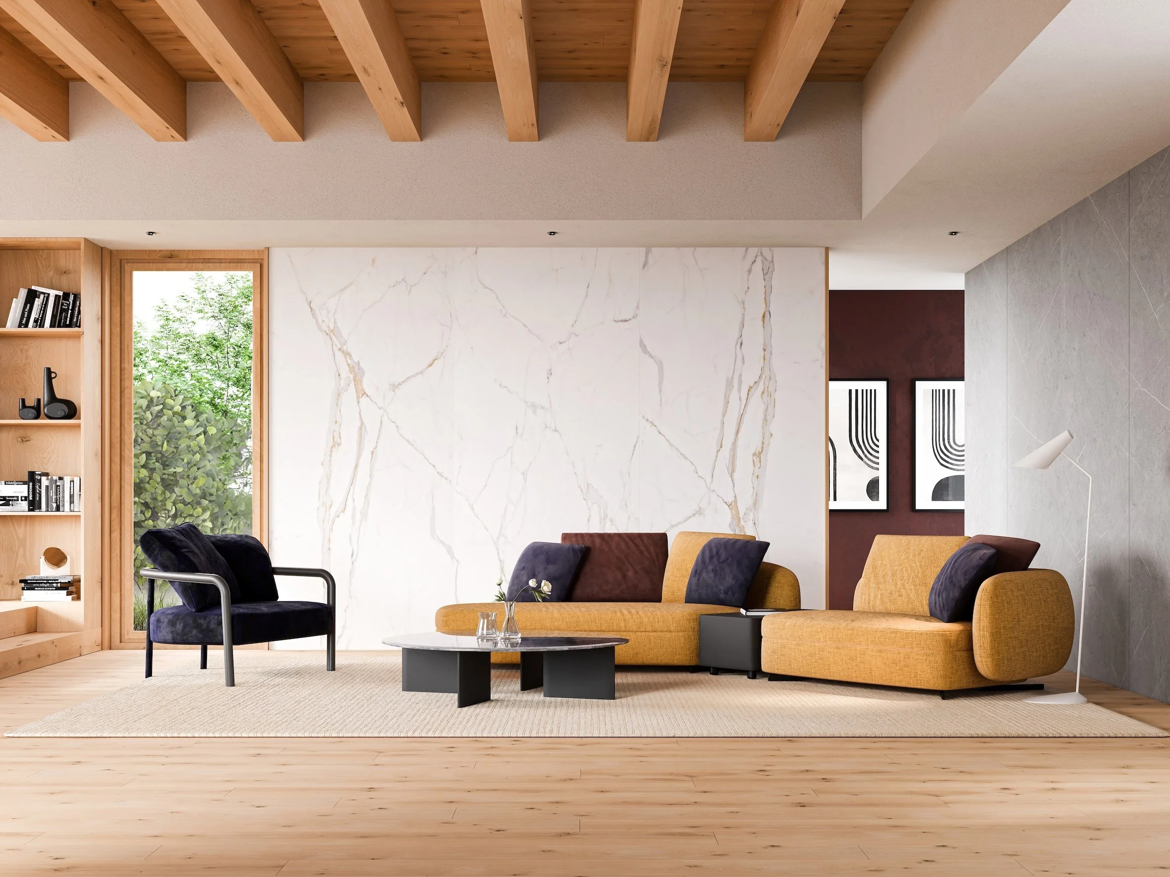 Imagem de uma sala com aplicação de painéis minerais, Novus wall da empresa Novuscover