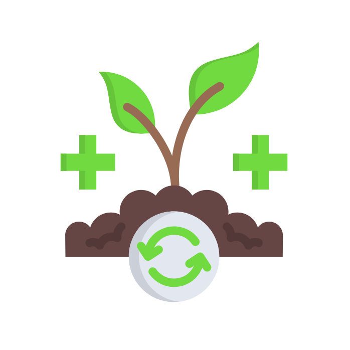 A young plant sprout growing from soil, surrounded by green plus symbols and a circular arrow icon representing recycling or growth.