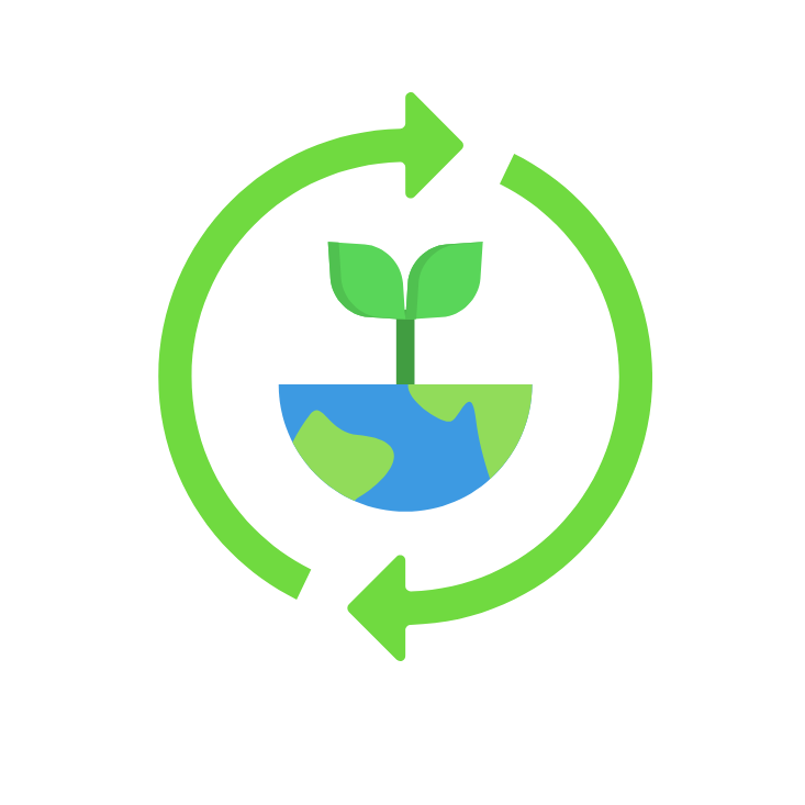Illustration of a sprouting plant emerging from the Earth with circular arrows around it, symbolizing recycling or sustainability.