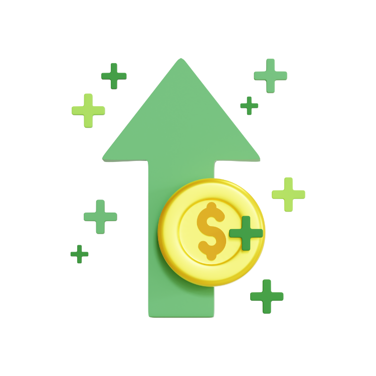 A green upward arrow with a gold coin featuring a dollar sign and a plus sign in front of it, symbolizing increased earnings or financial growth.