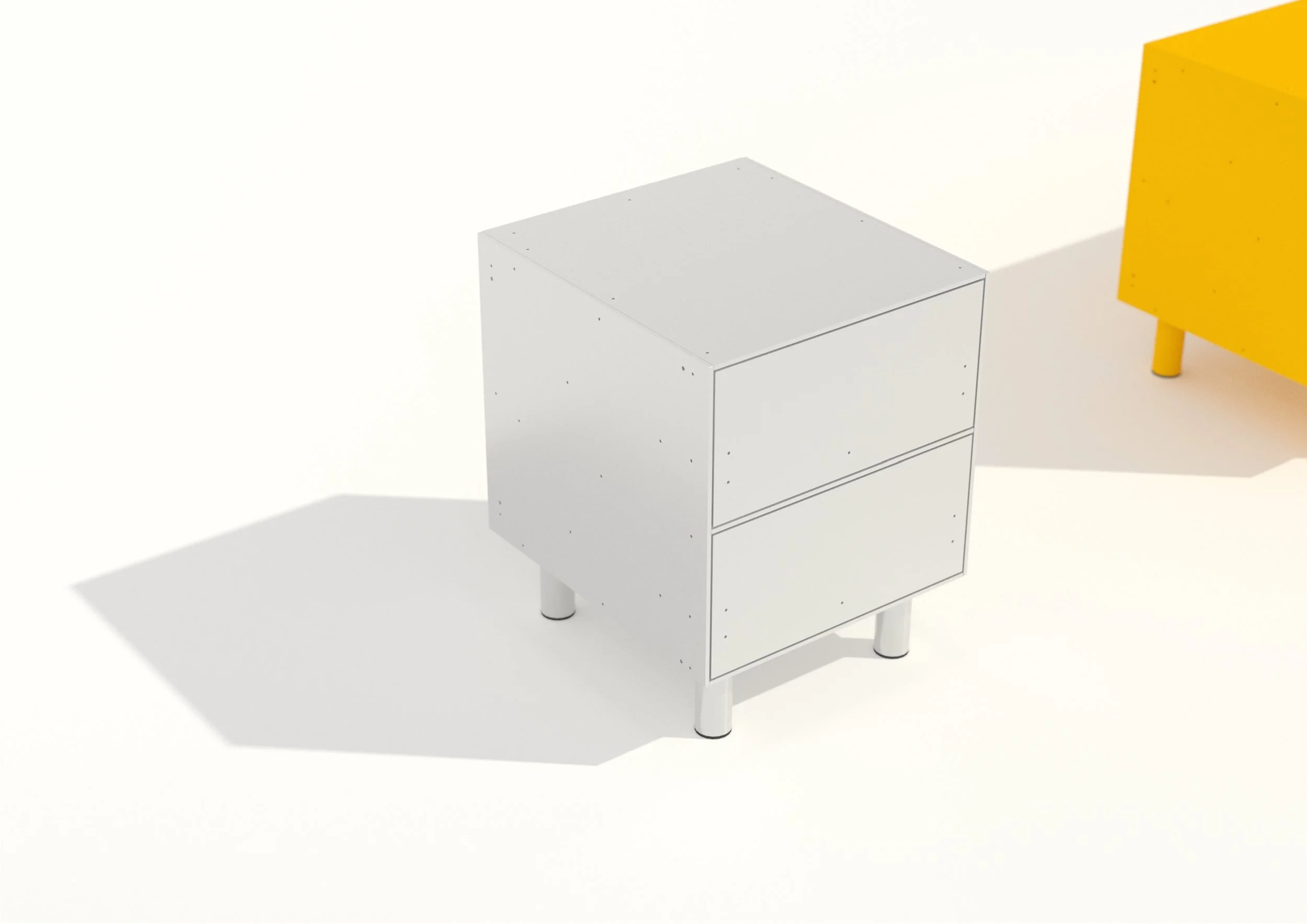 Wit nachtkastje met twee laatjes, bovenkant en zijkanten zichtbaar, witte poten, roze achtergrond, gele meubelstuk gedeeltelijk zichtbaar rechts.