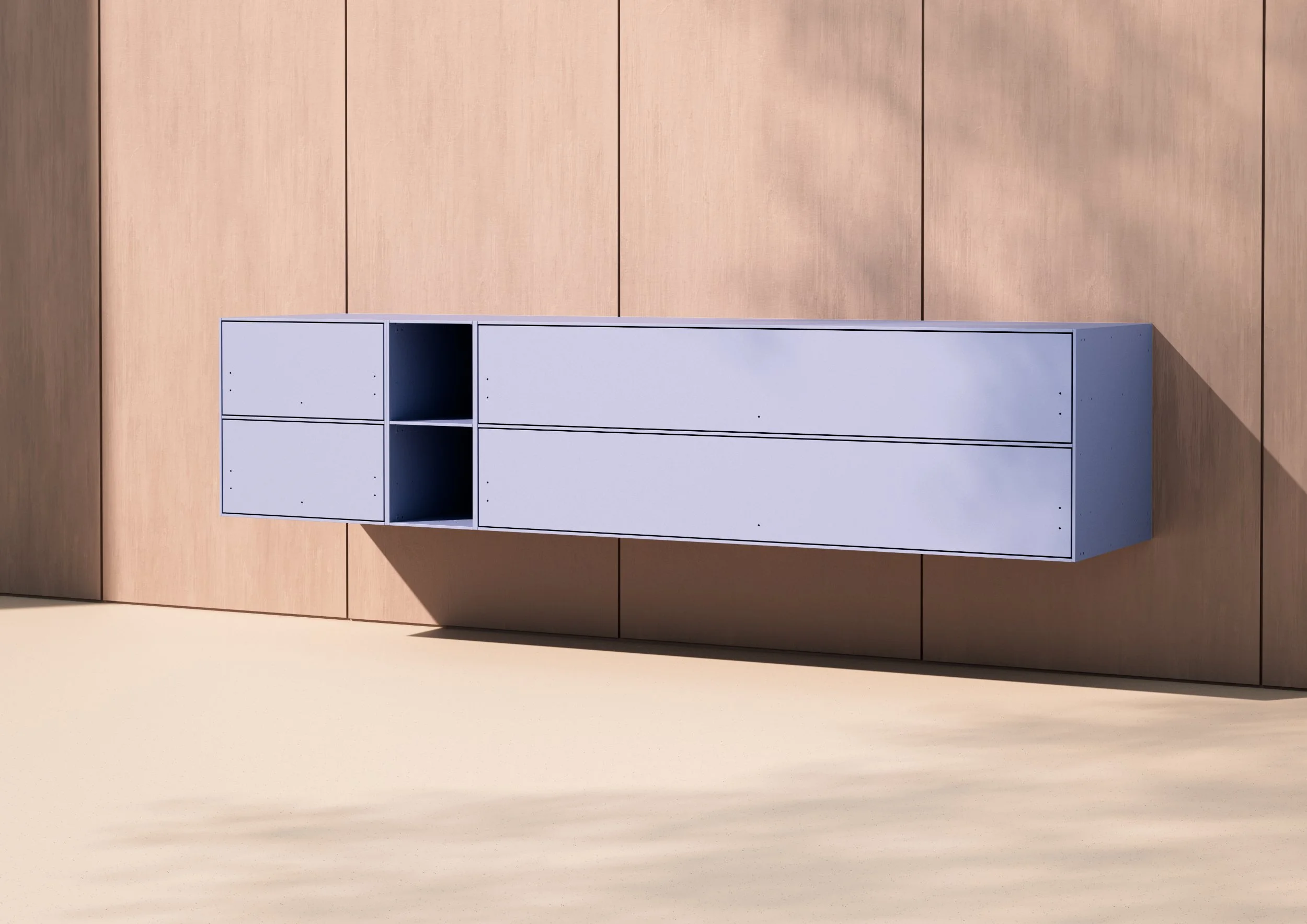 Moderne witte kast tegen een houten wand, geplaatst op een lichte vloer, met schaduw en zonlicht.