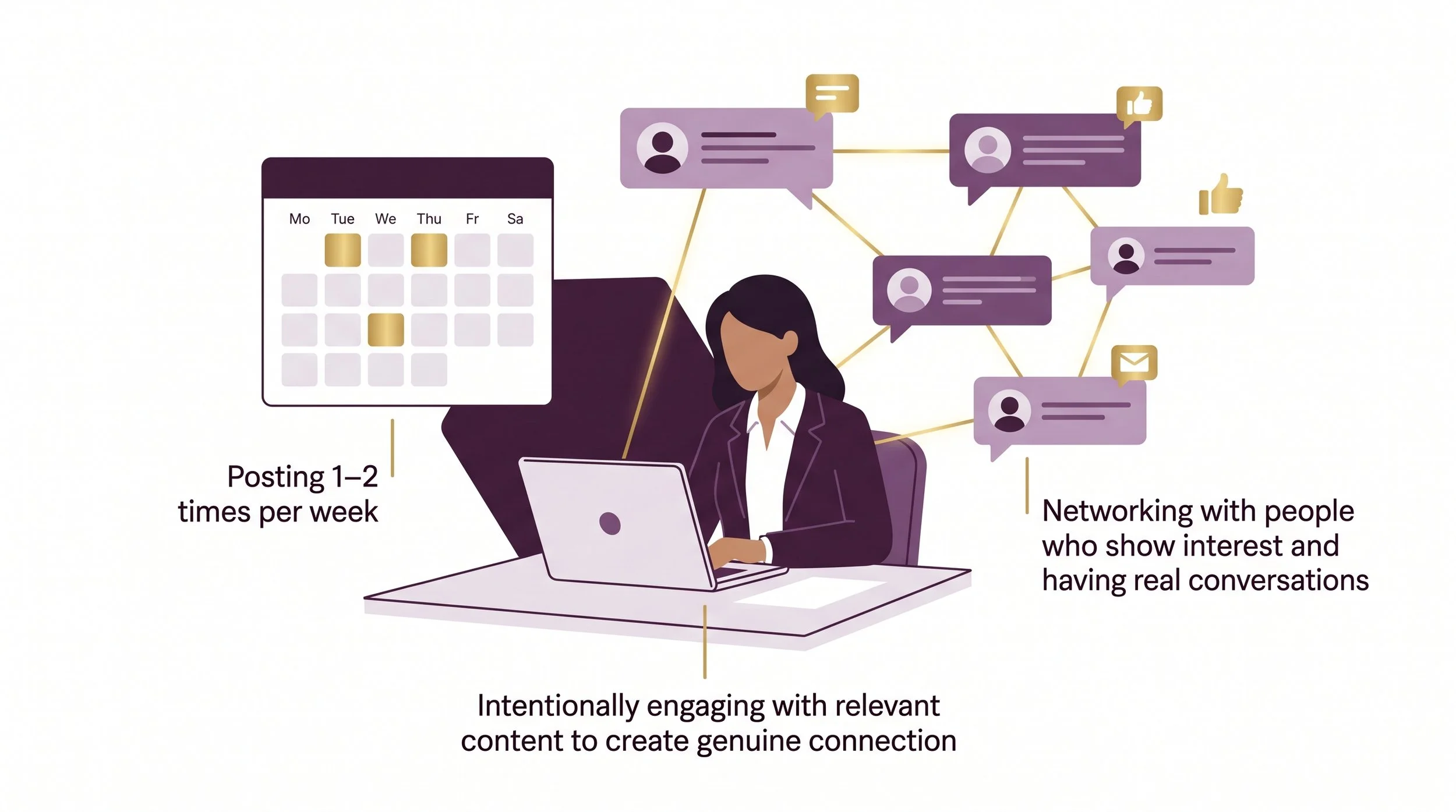 Illustration of a professional planning LinkedIn activity with a weekly calendar and conversation bubbles, showing how to post 1–2 times per week and build intentional connections in life sciences