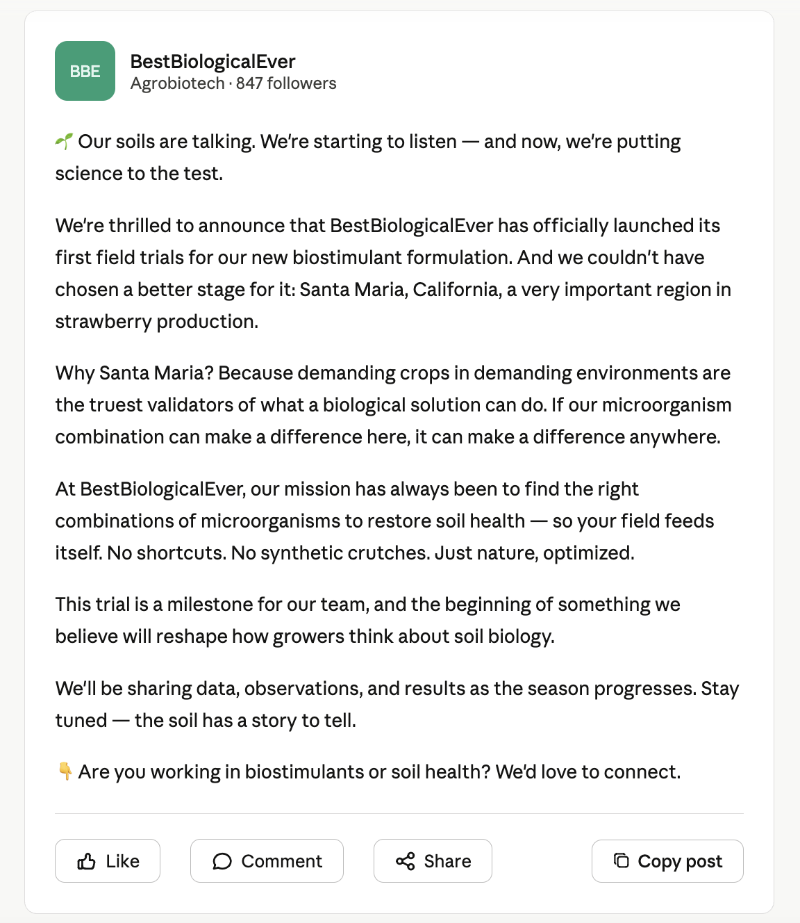Visual showing a polished but generic LinkedIn post from an agrobiotech company highlighting how AI content often lacks substance.