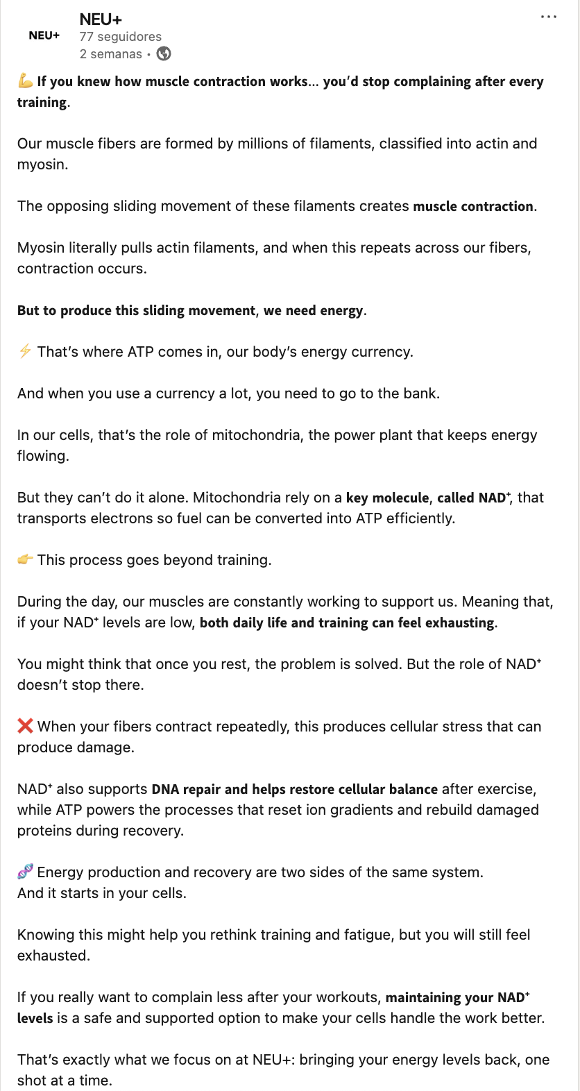 LinkedIn ghostwriting sample for NEU+ by Helixa Communications: science-based post explaining NAD+ role in muscle contraction, ATP production and cellular energy