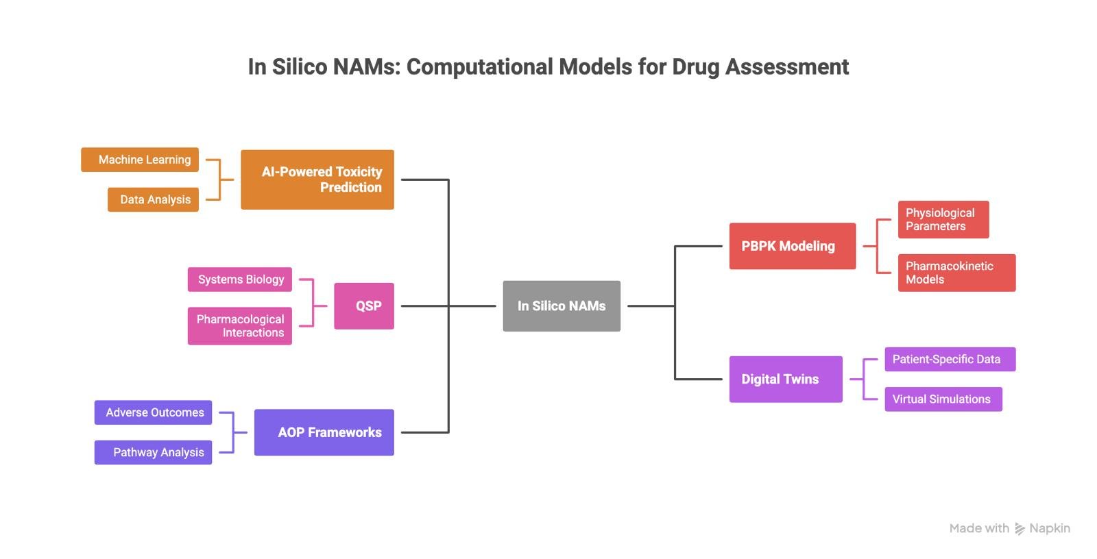 Schematic showing the different types of in silico NAMs included in the article: AI Toxicity, PBPK, QSP, Digital Twins, and Adverse Outcome Pathways