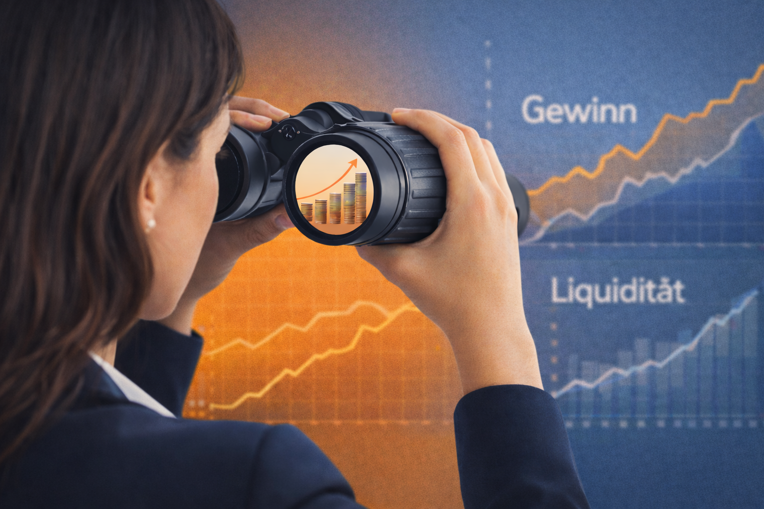 Unternehmerin betrachtet Finanzkennzahlen mit Fokus auf Gewinn, während Liquidität im Hintergrund verläuft – Symbol für Wachstum und Zahlenverständnis