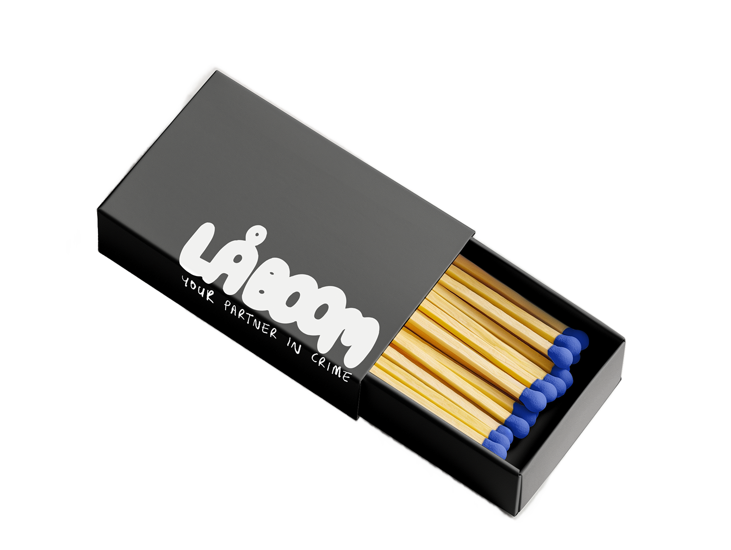 A black box of matches with white text that reads 'Loyalty' and 'Your partner in crime', partially open revealing matches with blue tips.