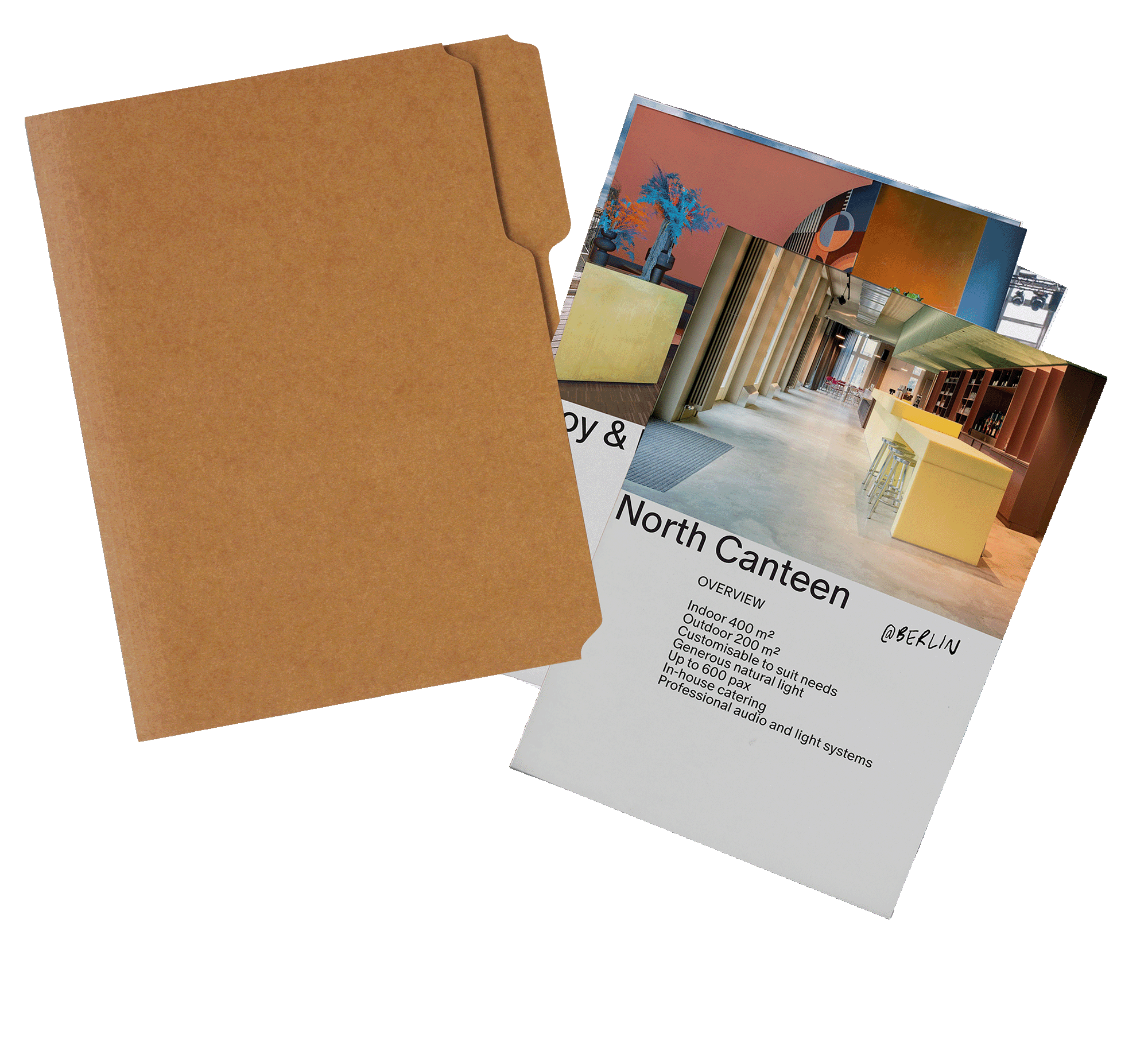 Brochure highlighting the North Canteen in Berlin, featuring images of an interior space with a bar and seating area, and description including indoor and outdoor space details.