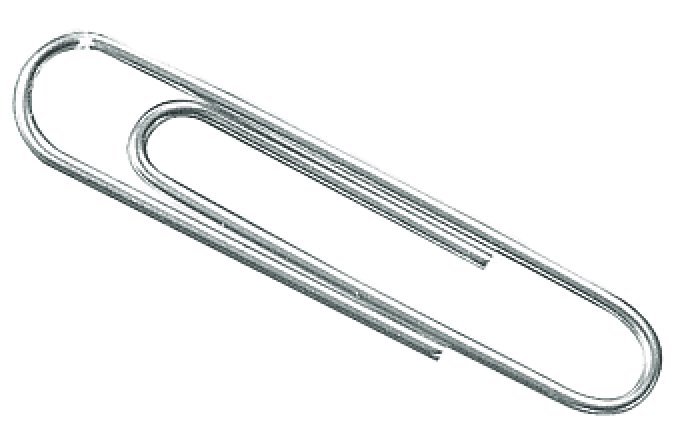 A metal paperclip with a curved shape.