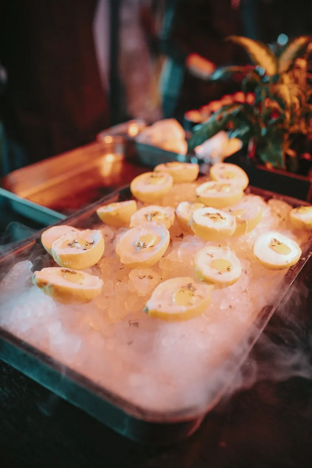 Lemon halves on a bed of ice on a tray, garnished with small herbs, at a food display.