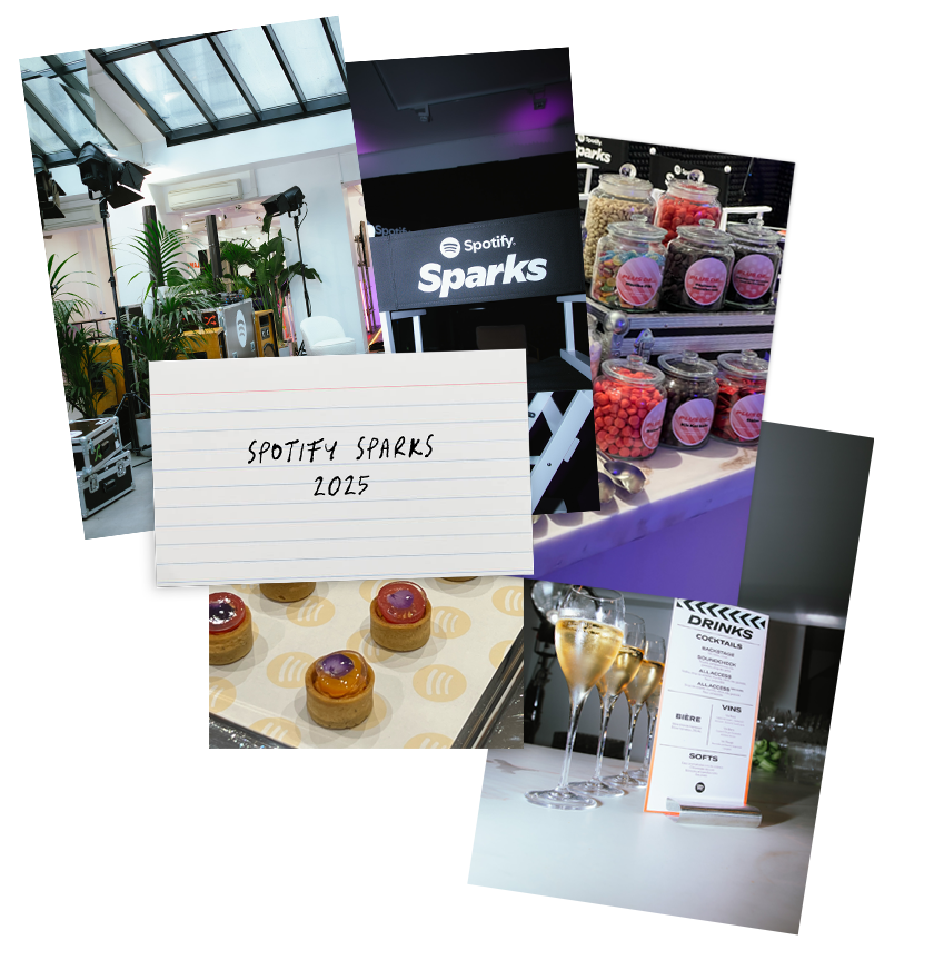 Collage of photos from the Spotify Sparks 2025 event, including a glass-roofed indoor space with plants, a Spotify Sparks sign, jars of snacks, plated desserts, drinks with straws, and a drinks menu.