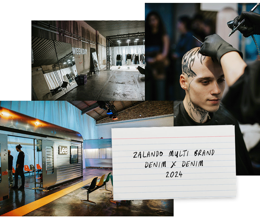 Behind-the-scenes view of a photo shoot at Zalando Multi Brand featuring denim clothing, a model getting tattooed, an indoor station with seating, and a modern studio setup with lighting and industrial decor.