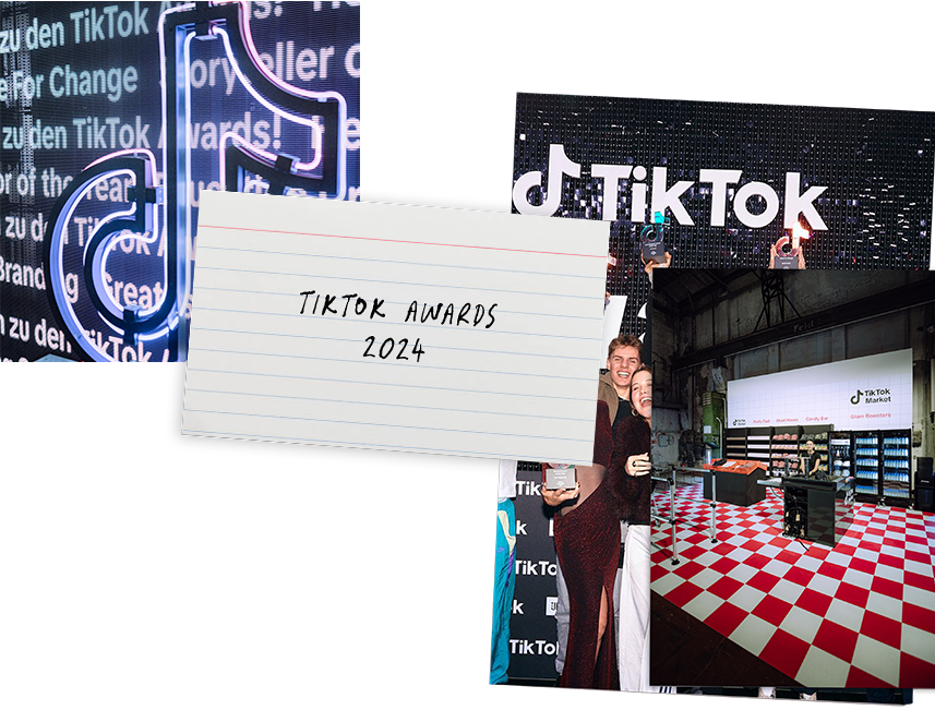 A collage of images related to the TikTok Awards 2024, including a neon sign with the TikTok logo, a digital stage, and an indoor event with people and a large screen.