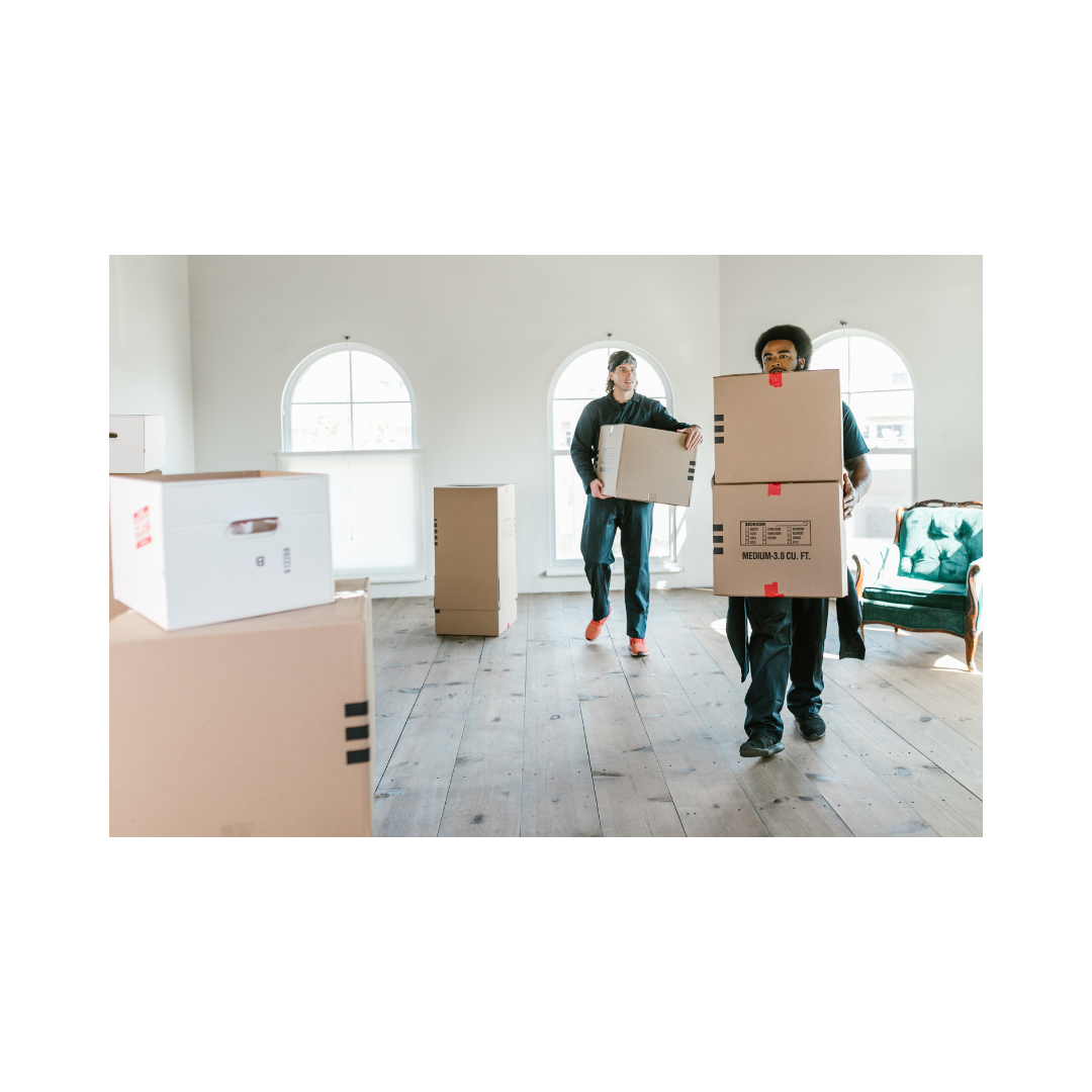 Two people carrying moving boxes in a bright living room with large arched windows and wooden floors.