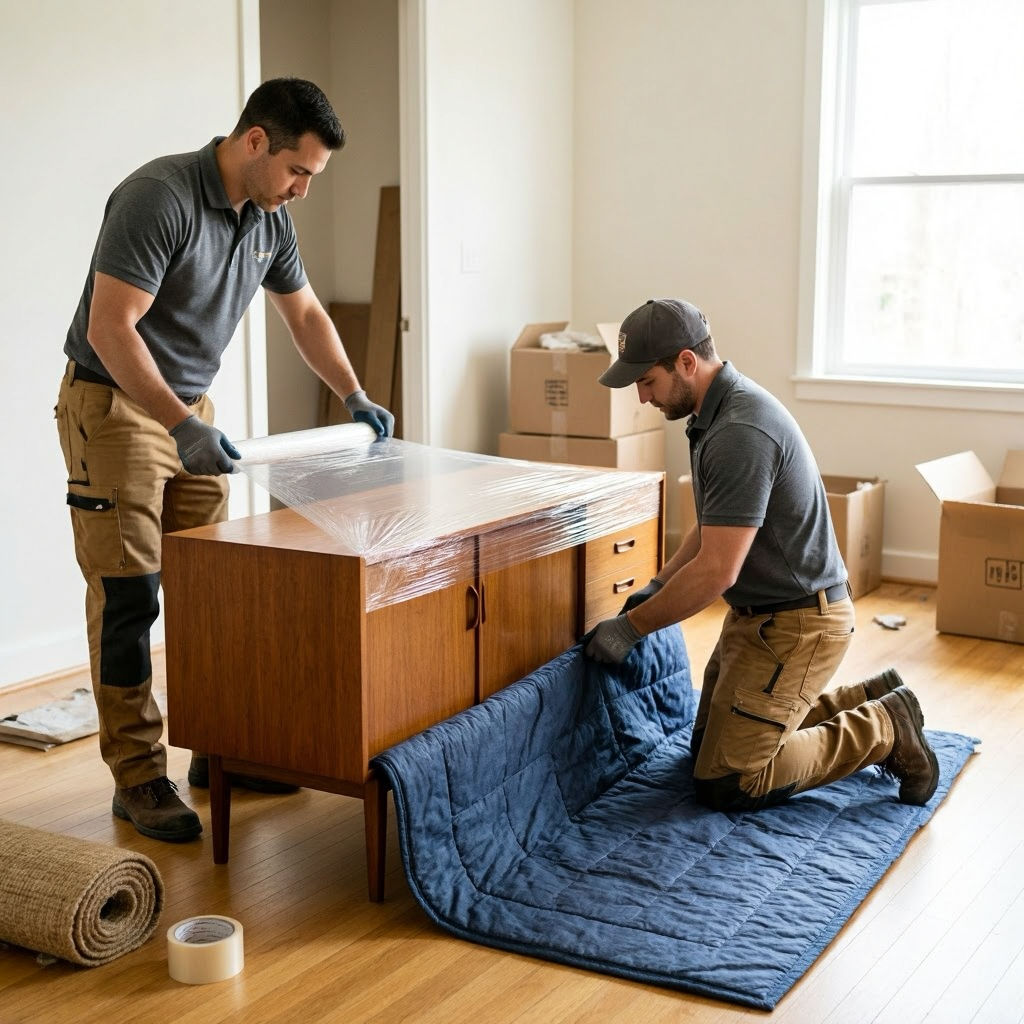 Movers wrapping furniture for safe transport