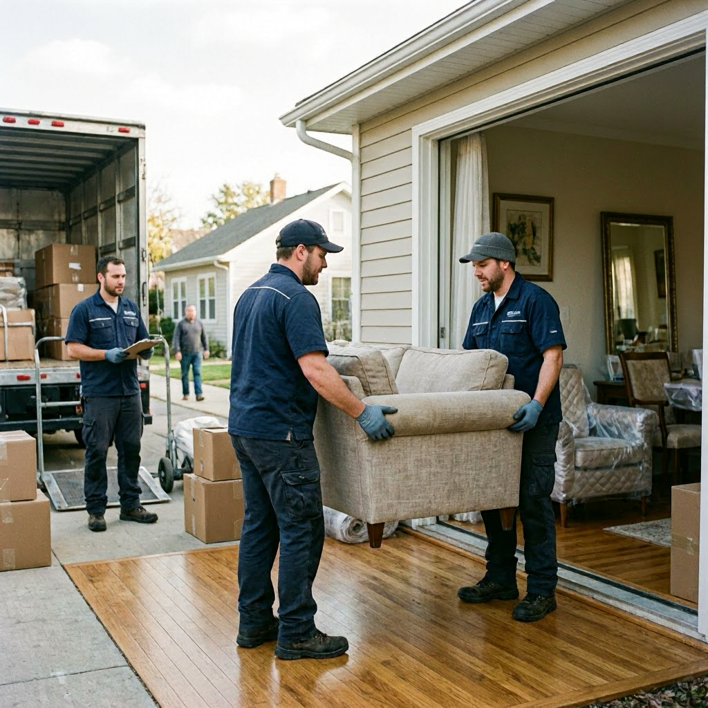 Three movers carrying a sofa into a house, with boxes and a truck outside.