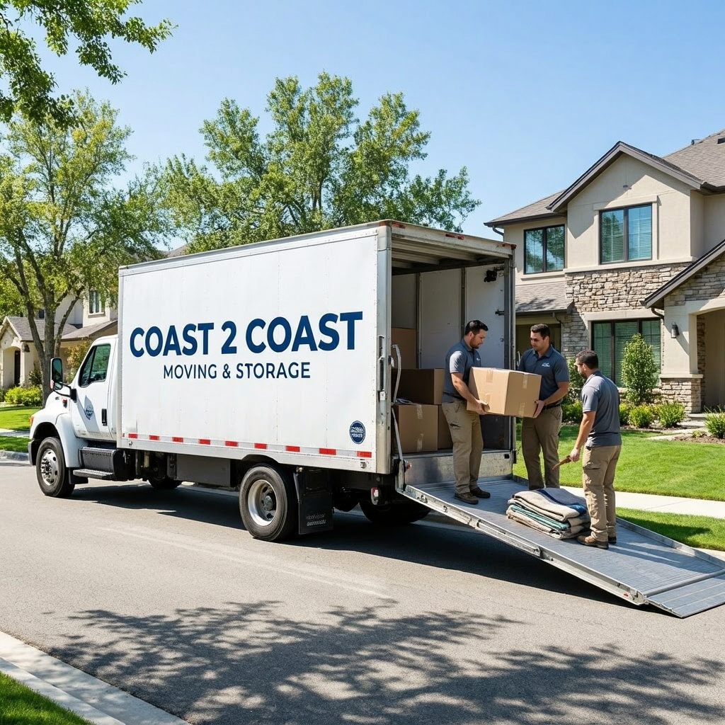 People unloading moving boxes from a COAST 2 COAST moving truck parked in a residential neighborhood with modern houses and green trees.