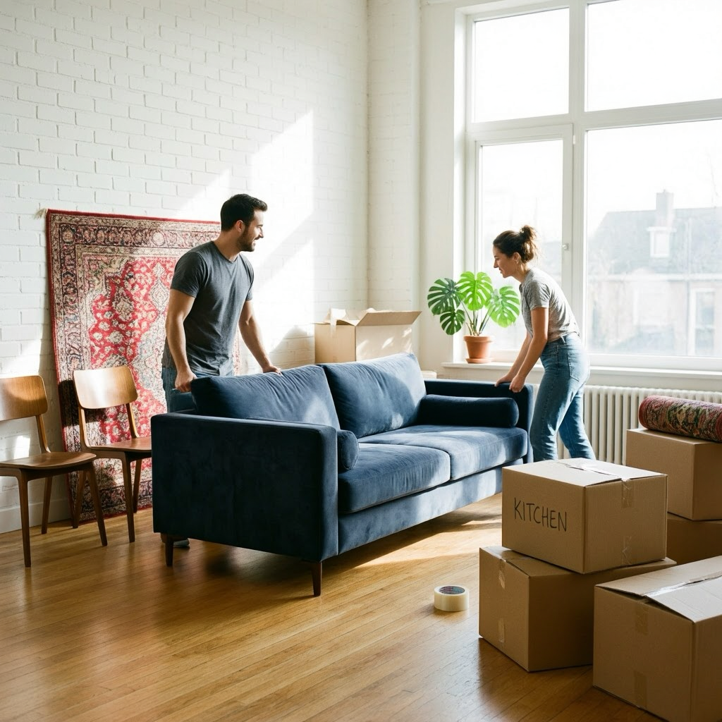 A couple moving into a new apartment, unpacking boxes and arranging furniture in a sunlit living room with a white brick wall, large windows, a blue couch, and a potted plant.