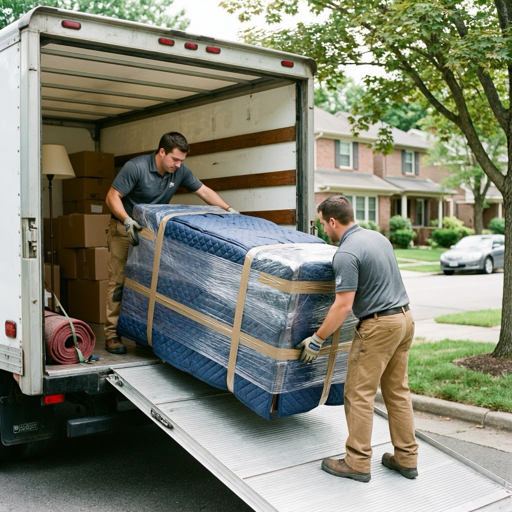 Two movers load a wrapped mattress onto a moving truck in a suburban neighborhood with houses and trees.