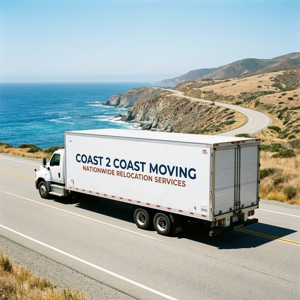 A moving truck labeled 'Coast 2 Coast Moving, Nationwide Relocation Services' driving on a coastal highway with cliffs and ocean in the background.