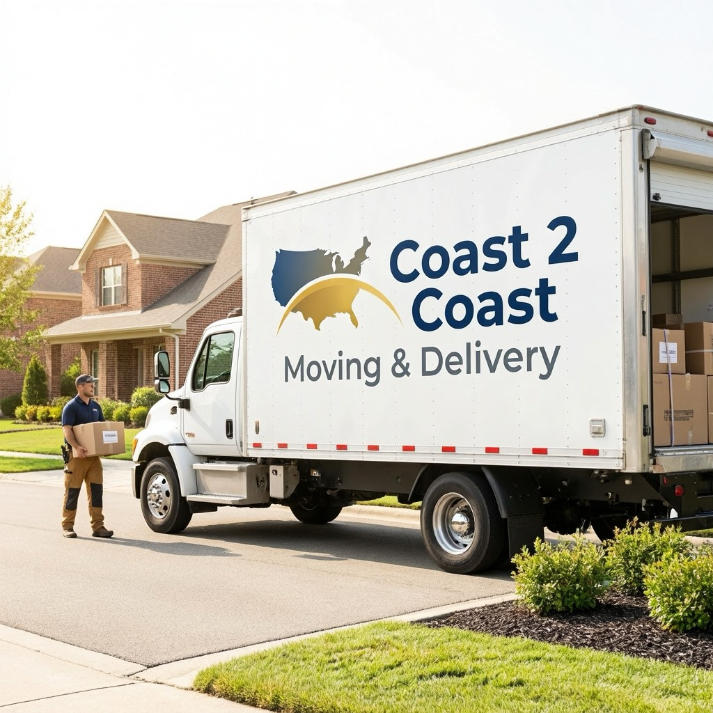 A person in a dark uniform and cap carrying a box stands beside a white moving truck with a logo and the words "Coast 2 Coast Moving & Delivery" parked on a suburban neighborhood street.