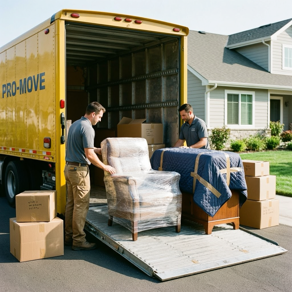 Two movers unloading furniture from a yellow moving truck parked in front of a house with white siding and a gray roof. The furniture includes a wrapped armchair, a quilted cover on a table, and several boxes. The scene is set on a clear day.