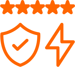 Five orange stars above a shield with a checkmark and a lightning bolt