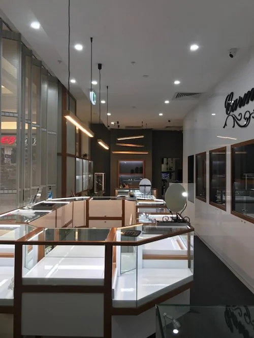 Image of a retail Jewellery store where Price Family Electrical installed the lighting, electrical wiring and under bench cabinet lighting. 