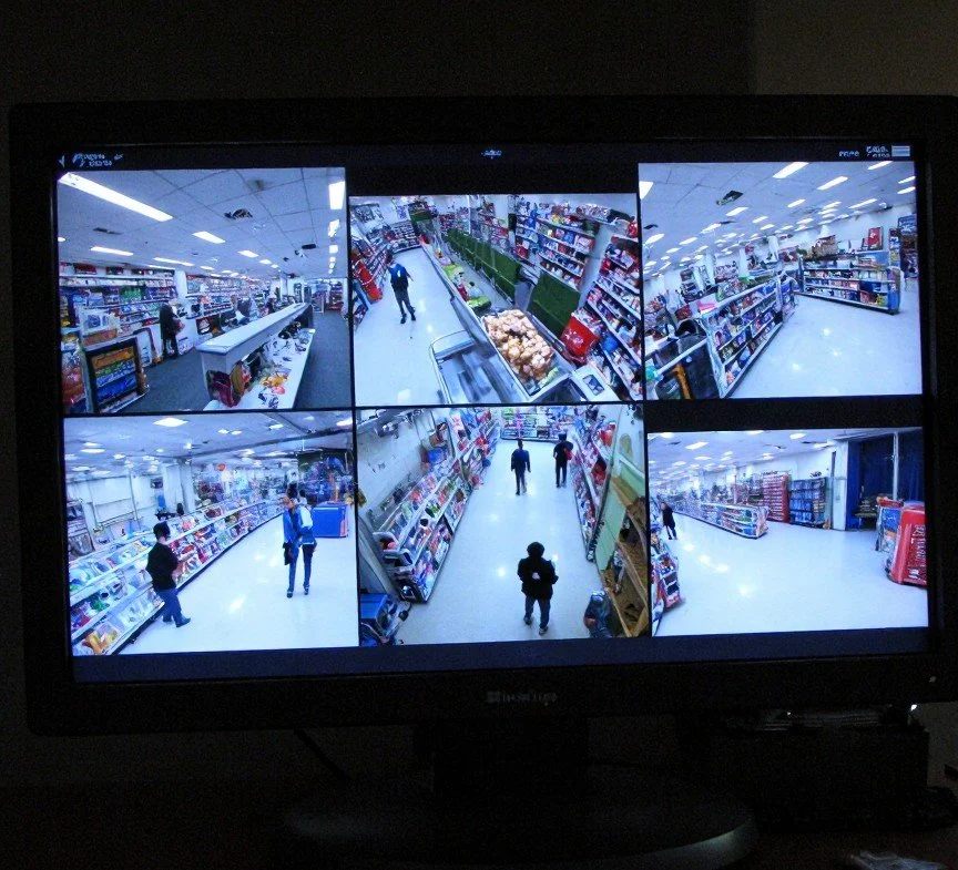 image of CCTV security footage from multiple screens of a retail premise as installed by Price Family Electrical