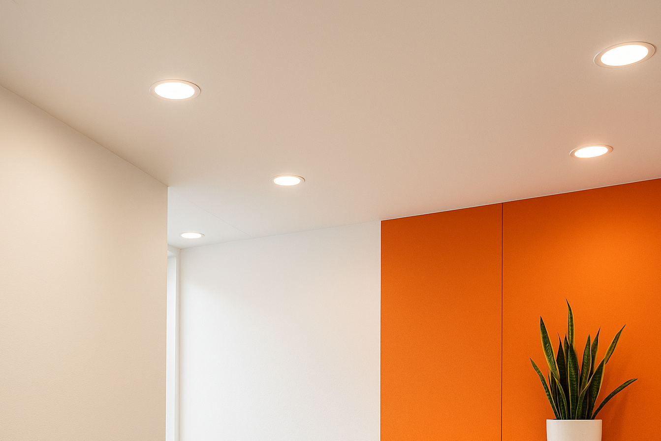 image of custom down lighting installed in a office reception space by electricians from Price Family Electrical