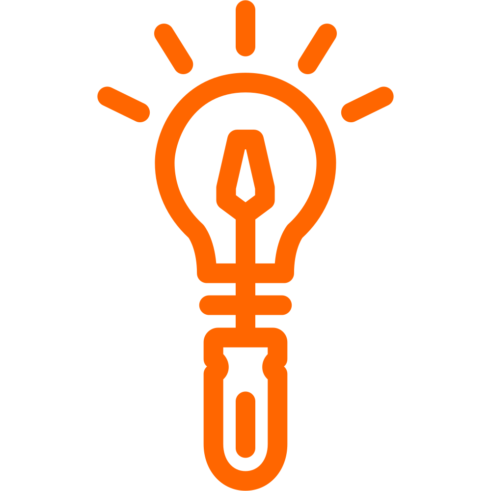 An orange icon combining a lightbulb with a fountain pen nib inside, symbolizing ideas and creativity.