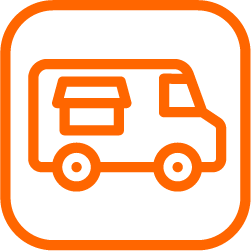 Orange outline icon of a food truck on a black background, symbolising Price Family Electricals food truck wiring and lighting services
