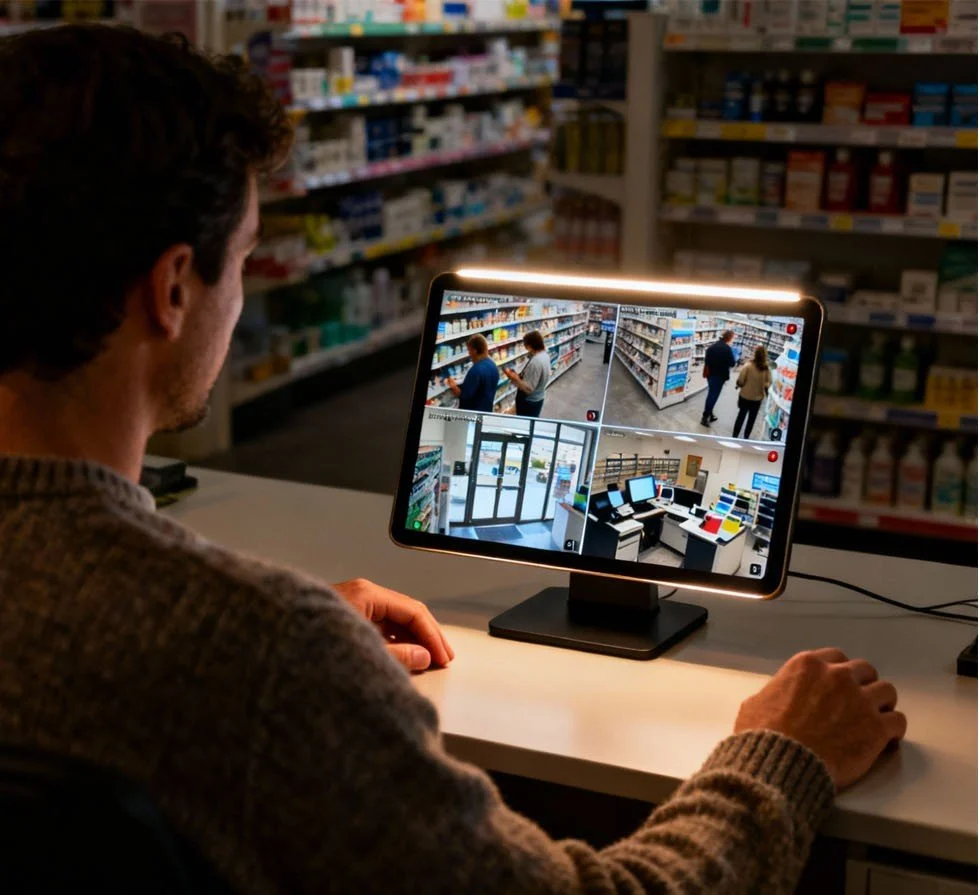 image of a manager of a Perth based pharmacy, looking at CCTV feed on a tablet, as installed and set up by Price Family Electrical Commercial Electricians Perth