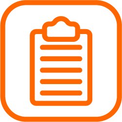 Icon of a clipboard with papers on a black background, outlined in orange, symbolising routine electrical maintenance reports